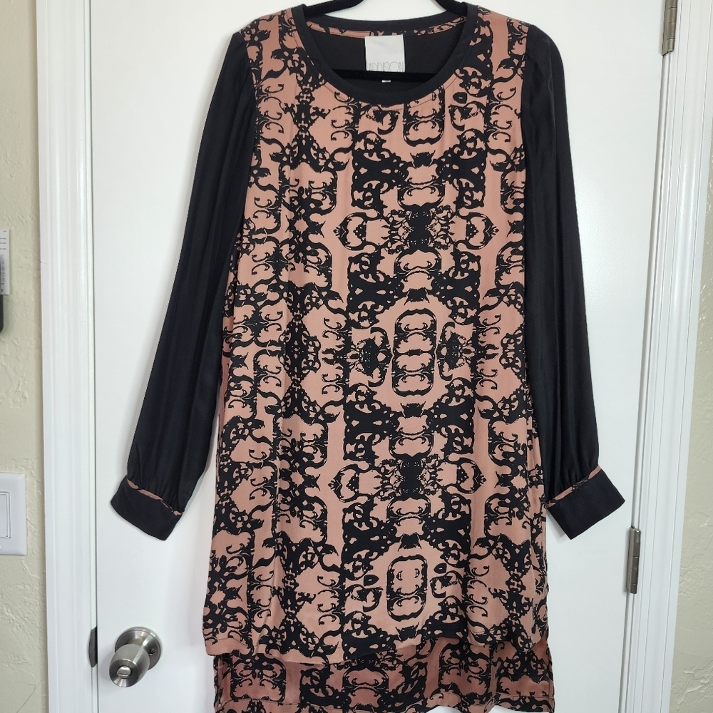 Addison Womens 100% Silk Shift Dress Large Long Sleeves Whimsigoth Neutral Chic - Picture 2 of 11